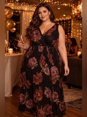 Alexa B Nites Floral V-Neck Maxi Dress 14W NWT